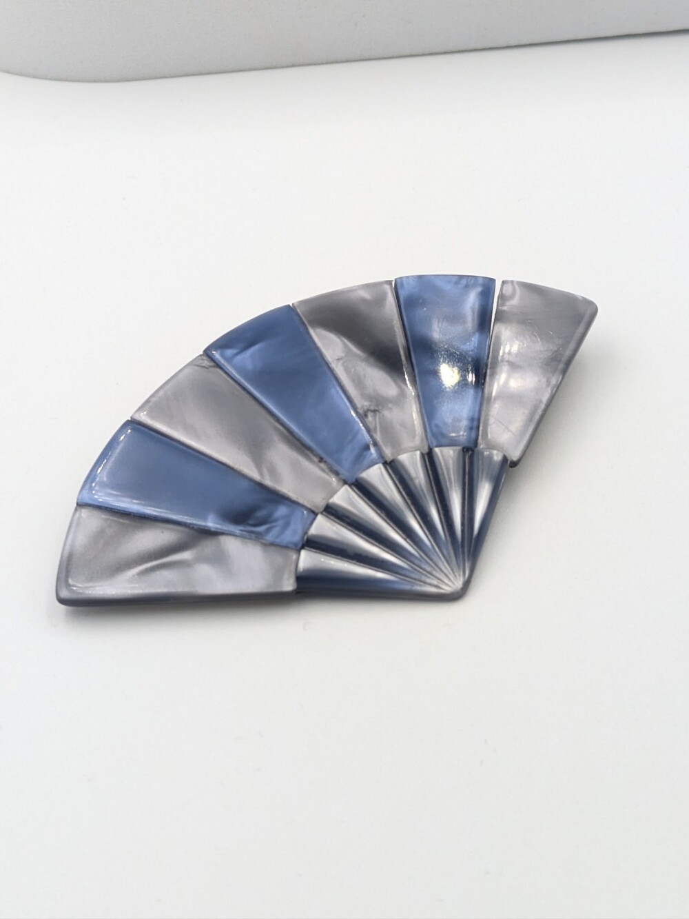 Vintage signed Lea Stein Paris blue grey pearl celluloid fan brooch pin